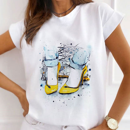 Style S :   Flowers And High heels Female White  T-Shirt