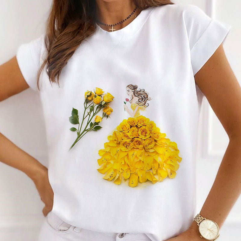Style C£ºFlower and Girl White T-Shirt