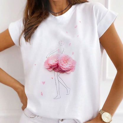 Style J£ºBeautiful Dresses With Flowers Women White T-Shirt