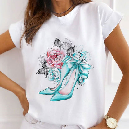 Style G :   Flowers And High heels Female White  T-Shirt