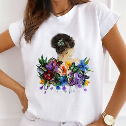 Flower And Fashion Girl White T-Shirt J