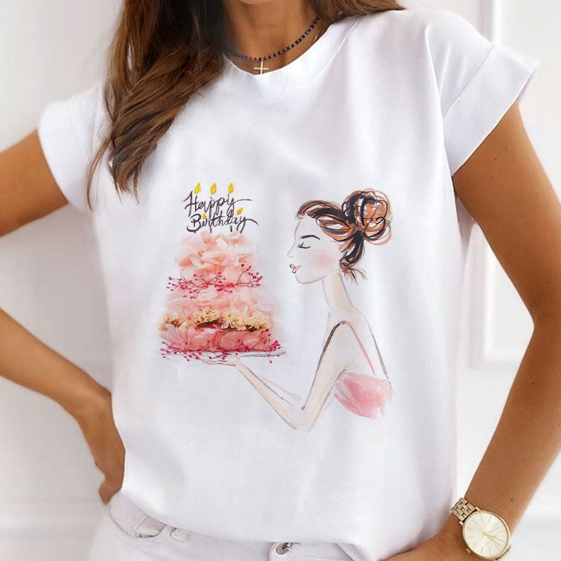 Style B :   Birthday Cake With Flower Female White  T-Shirt