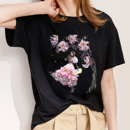 Style N：The Flower Is Full Of Love Femal Black T-Shirt