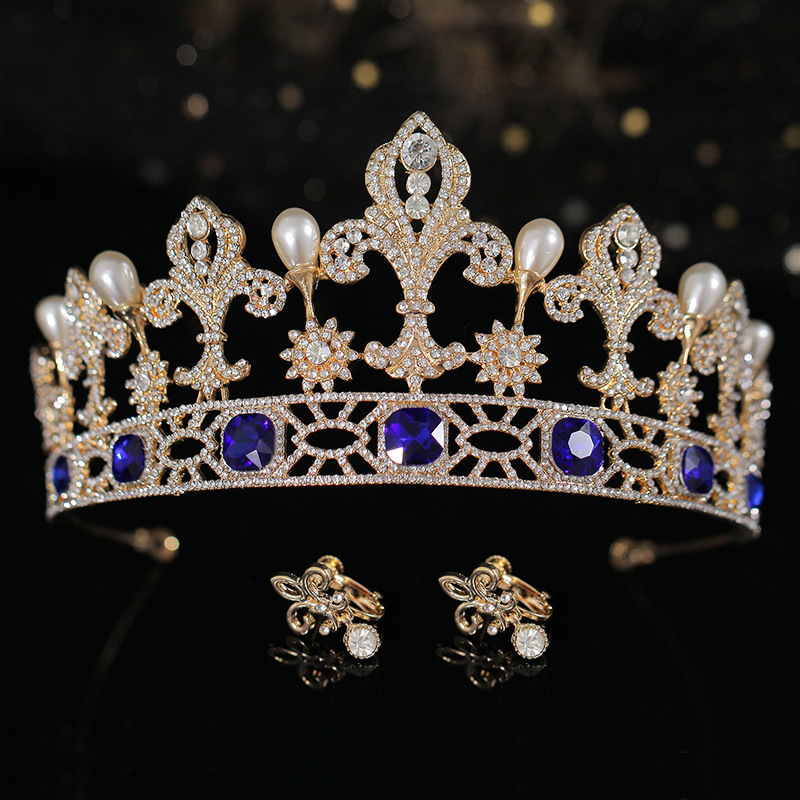 Vintage Gold Blue Crystal Bridal Tiaras Pearl Crown Set