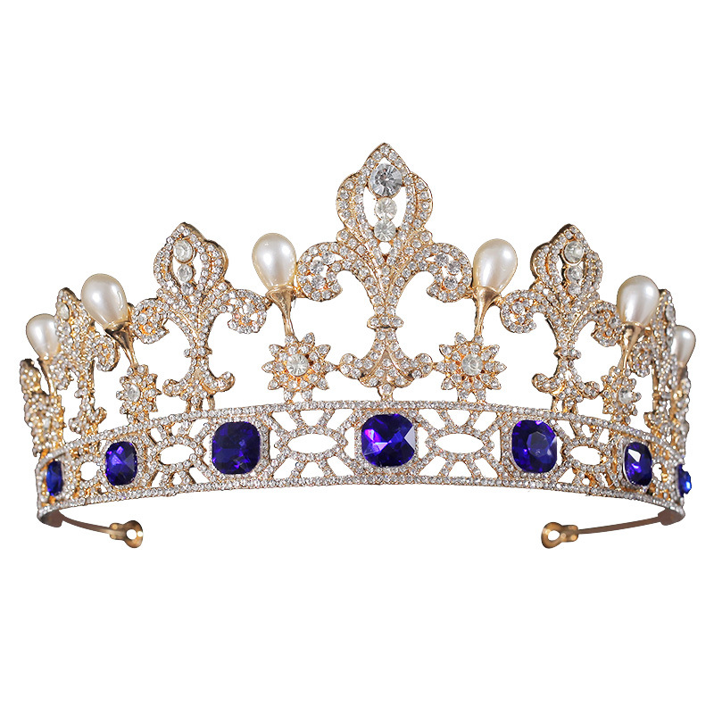Vintage Gold Blue Crystal Bridal Tiaras Pearl Crown Set
