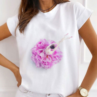 Style S£ºBeautiful Dresses With Flowers Women White T-Shirt