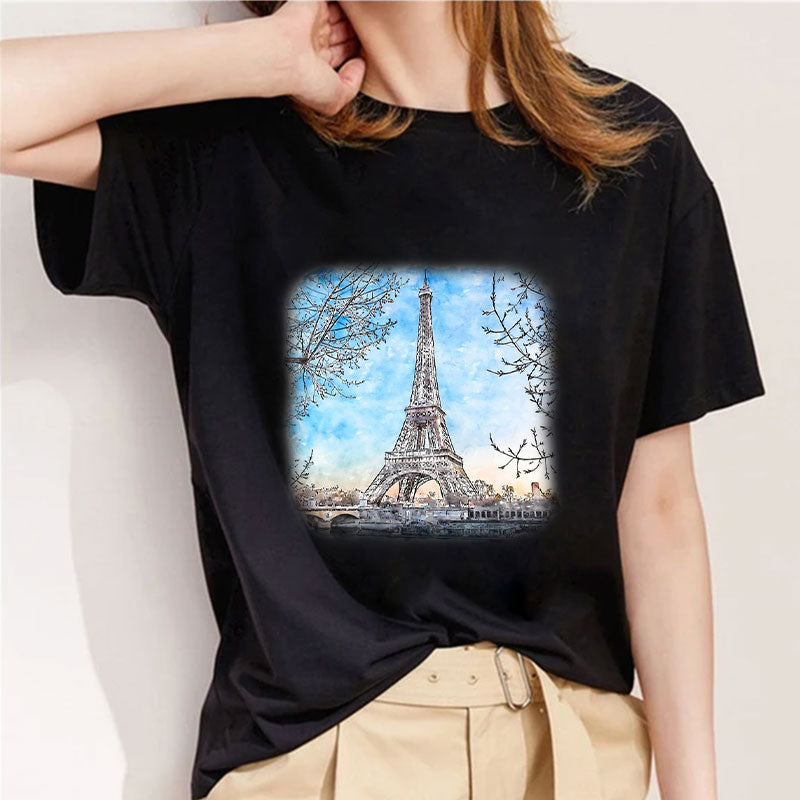 Style E： Fashion Capital Paris Women Black T-Shirt