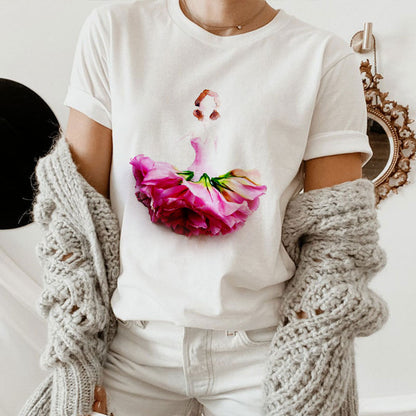 Beautiful Flower Ladies White Tee F