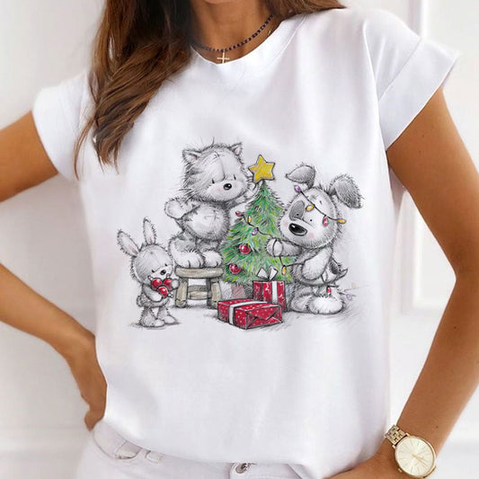 2021 Beautiful Christmas Women White T-Shirt P