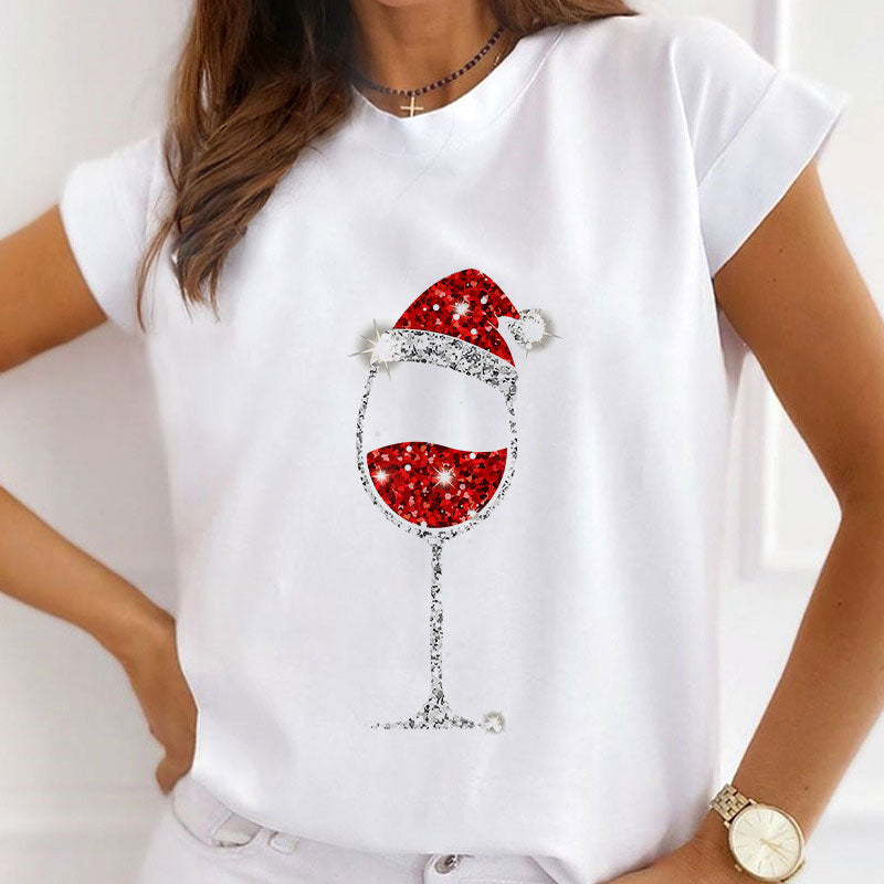 Fashion Printing Christmas White Shirt For Ladies V