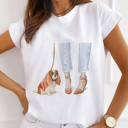 Style F£º  Animals And High Heel Shoes Women White T-Shirt