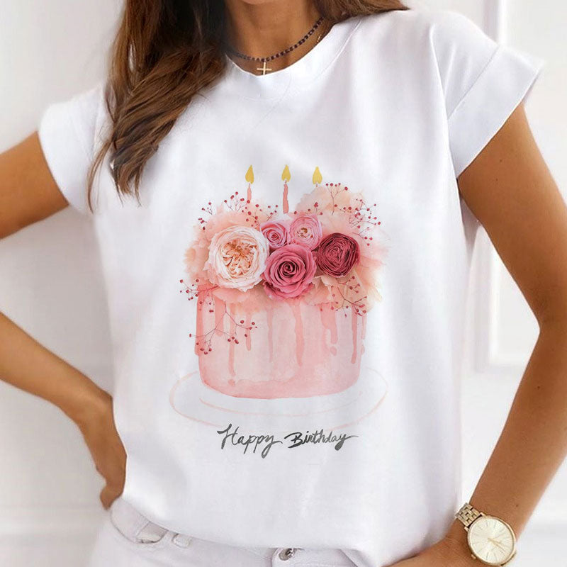 Style A :   Birthday Cake With Flower Female White  T-Shirt