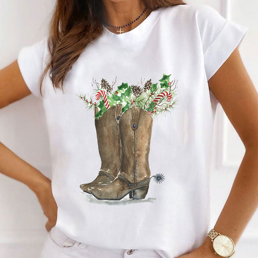Christmas Western Boots White T-Shirts