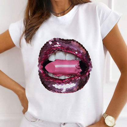 Style W Sexy Lips Women White T-Shirt