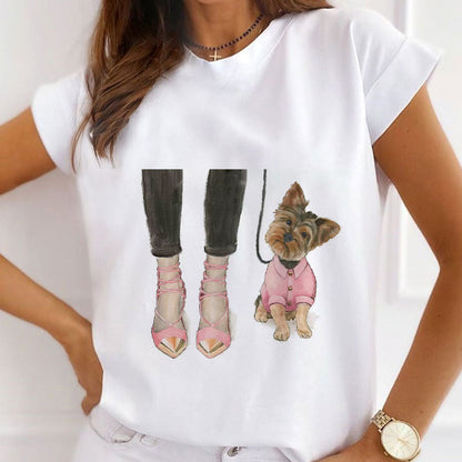 Style A£º  Animals And High Heel Shoes Women White T-Shirt