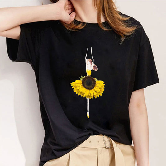 Style C：Beautiful Flowers Ladies Black T-shirt