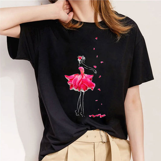 Style A：Beautiful Flowers Ladies Black T-shirt