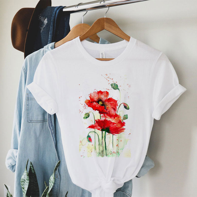 Ink Painting Flower White T-Shirt A