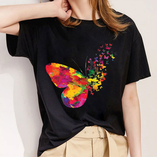 Style O：Colorful Butterfly Femal Black T-Shirt