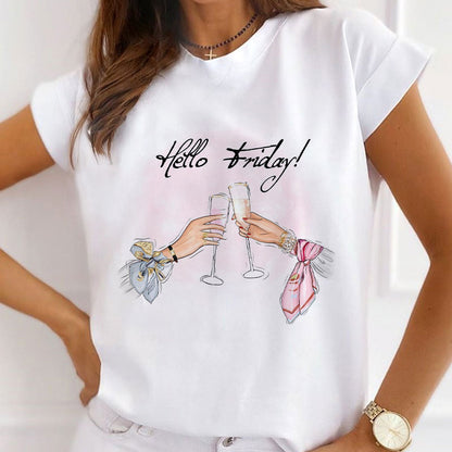 Style N£º Celebration With Fruit Champagne Women White T-Shirt