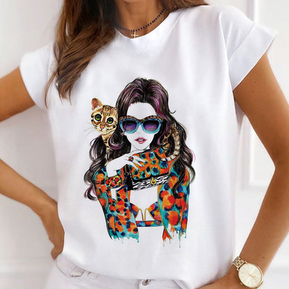 Style B: Cat And Girl Women White T-Shirt