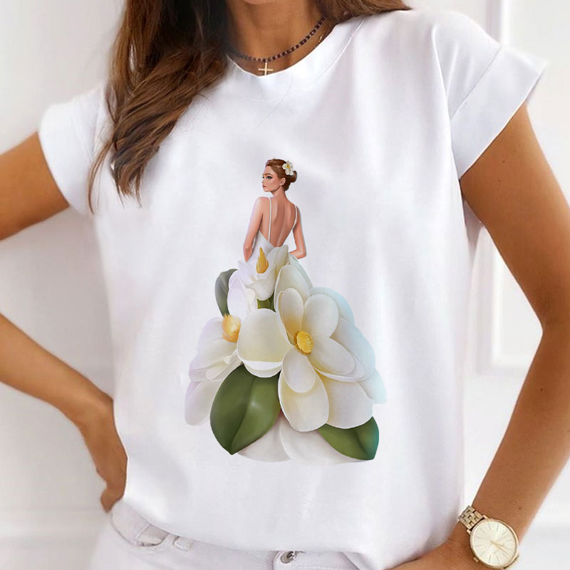 Style B£º Lady In Floral Dress Women White T-Shirt