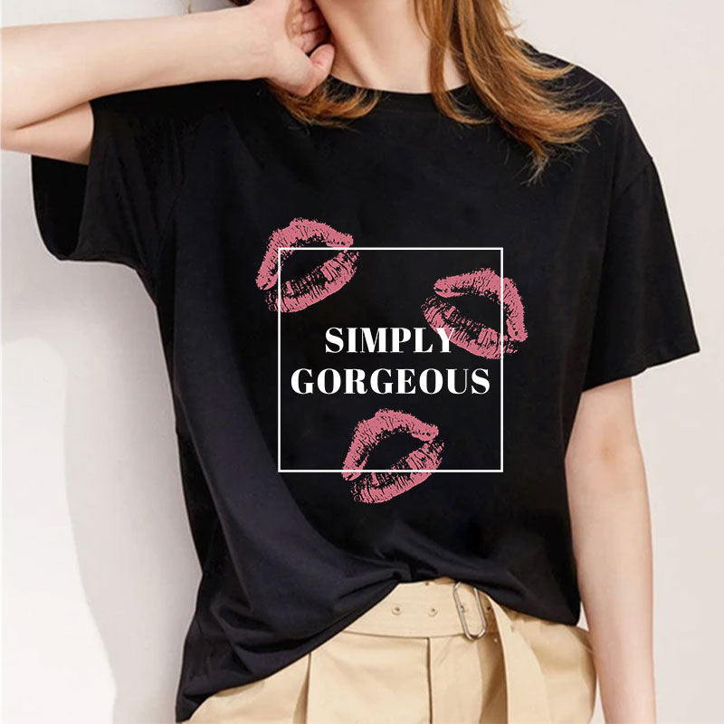 Style A：Lipstick Women's Ladies Black T-shirt