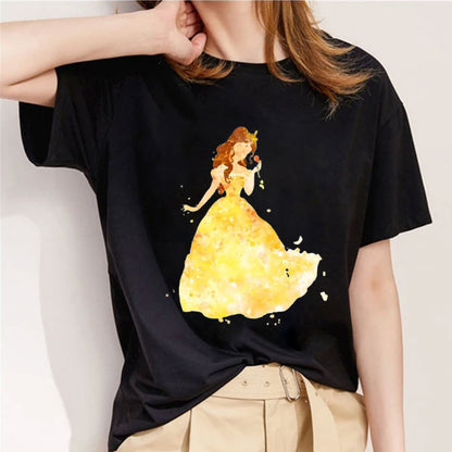 Style A： Watercolor Princess Women Black T-Shirt
