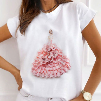 Style K£ºBeautiful Dresses With Flowers Women White T-Shirt