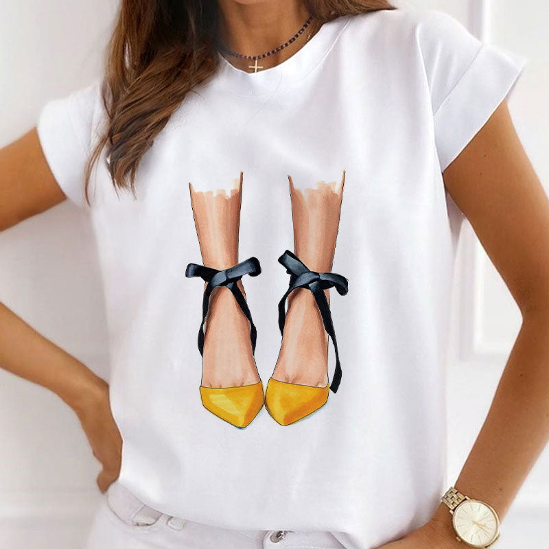 Style K :   Flowers And High heels Female White  T-Shirt