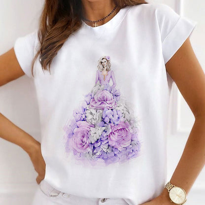 Style C£º Lady In Floral Dress Women White T-Shirt