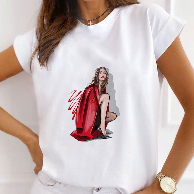 Style H:   Lucky Red Women White T-Shirt