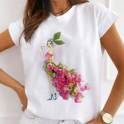 Style I£ºThe Flower Is Full Of Love Femal White T-Shirt