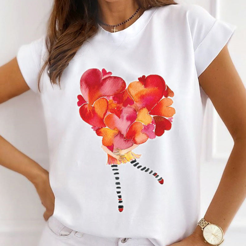 Love Heart Printed Women White T-shirts