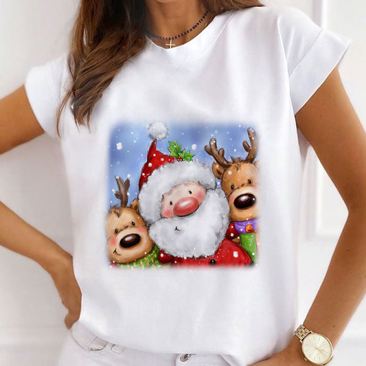 2021 Beautiful Christmas Women White T-Shirt D