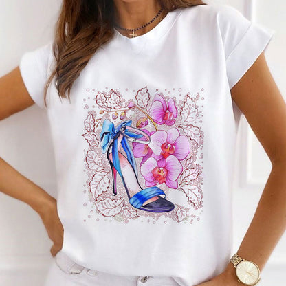 Style B :   Flowers And High heels Female White  T-Shirt
