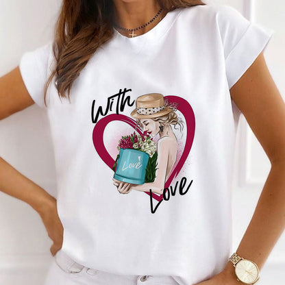 Love Heart Printed Women White T-shirts