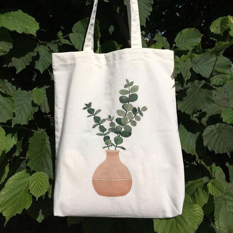VASE AND LEAVES CANVAS BAG