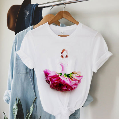 Beautiful Flower Ladies White Tee F