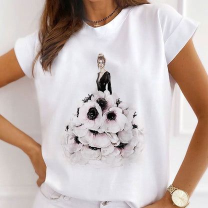 Style E£º Lady In Floral Dress Women White T-Shirt