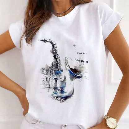 Style H :   Music Lovers Female White T-Shirt