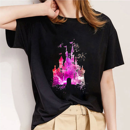 Style D： Watercolor Princess Women Black T-Shirt