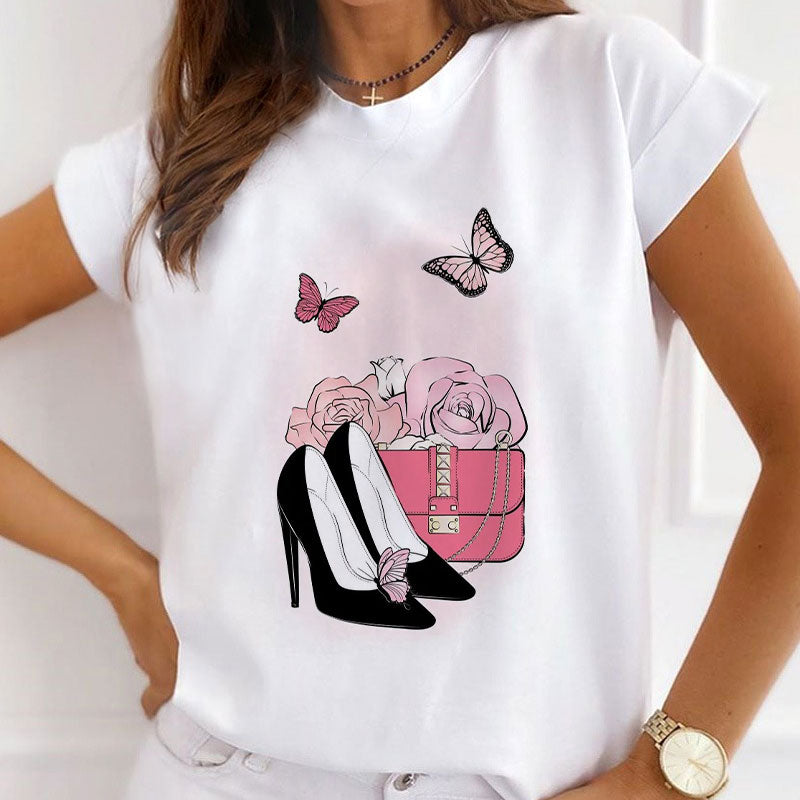 Style Z :   Flowers And High heels Female White  T-Shirt