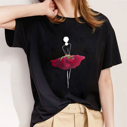 Style D：Beautiful Flowers Ladies Black T-shirt