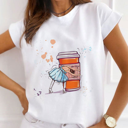 Style C£º The Goy Of Having Coffee Women White T-Shirt