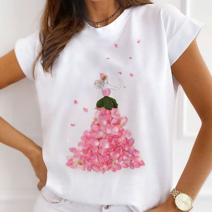 Style F£ºBeautiful Dresses With Flowers Women White T-Shirt