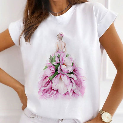 Style F£º Lady In Floral Dress Women White T-Shirt