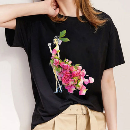 Style F：The Flower Is Full Of Love Femal Black T-Shirt