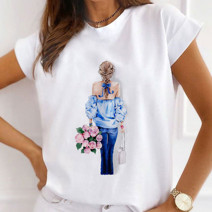 Style I£º Lady In Floral Dress Women White T-Shirt