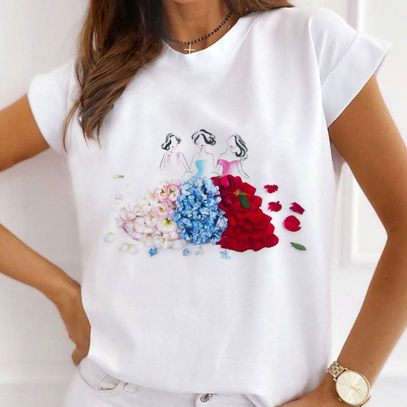 Style L£ºBeautiful Dresses With Flowers Women White T-Shirt